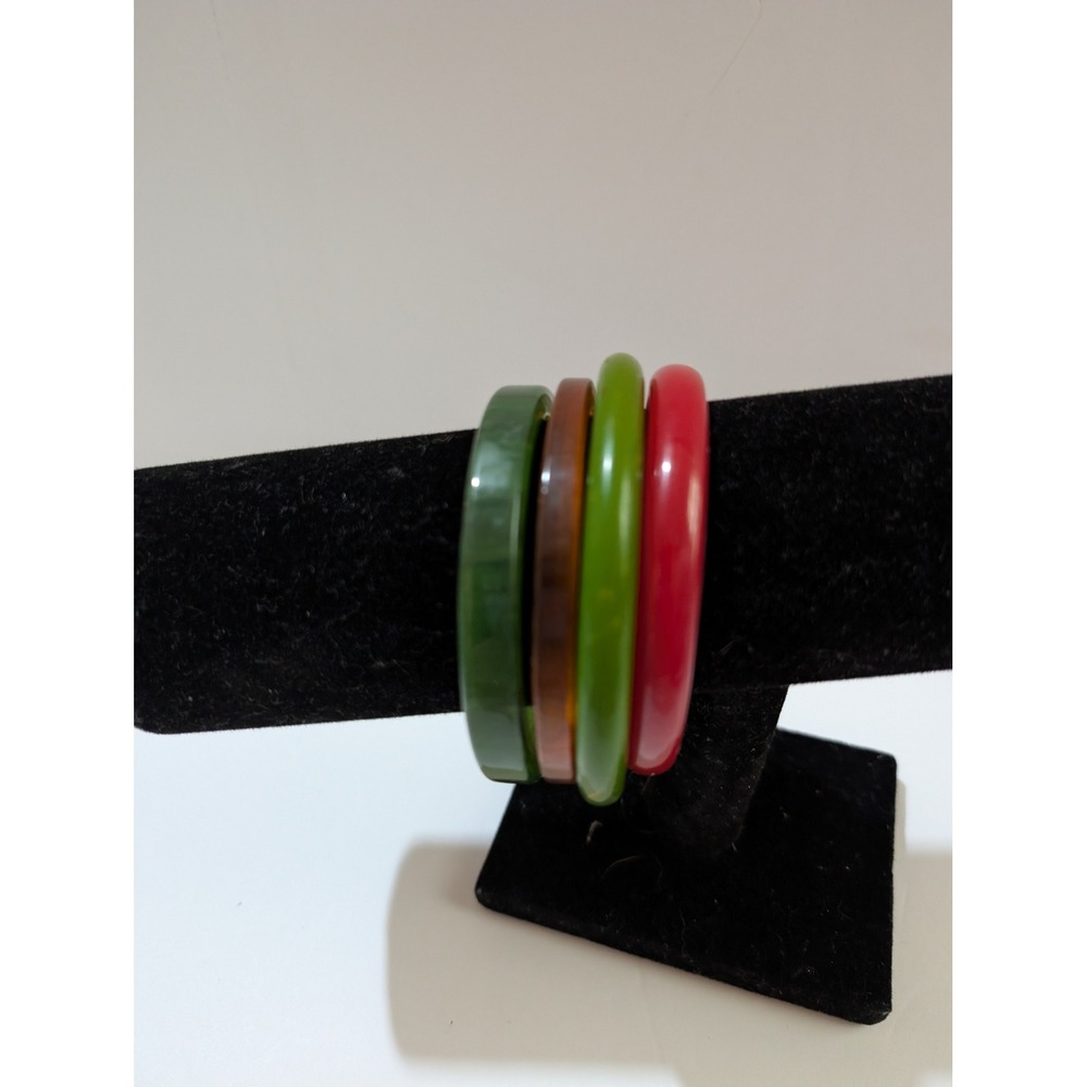 Vintage Style Resin Bangle Bracelet Set 4pc Red Green Amber Earth Tones